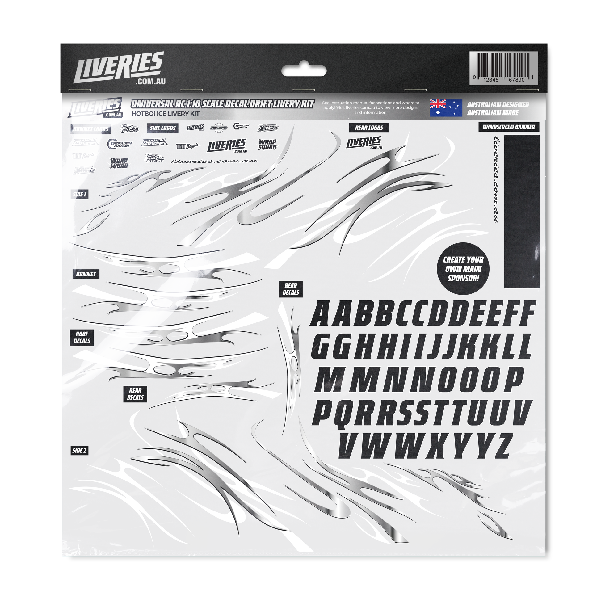 Hotboi Ice RC Drift Decal Kit – 1:10 scale silver flame livery sticker sheet with sponsor logos, bold lettering, and windscreen banner by RC Stickers.