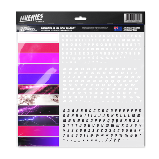 Mega Pink RC Windscreen Banner Kit for 1:10 scale drift cars – includes 10 pink and purple banner styles with full alphabet, numbers, and symbol decal sheets by RC Stickers.
