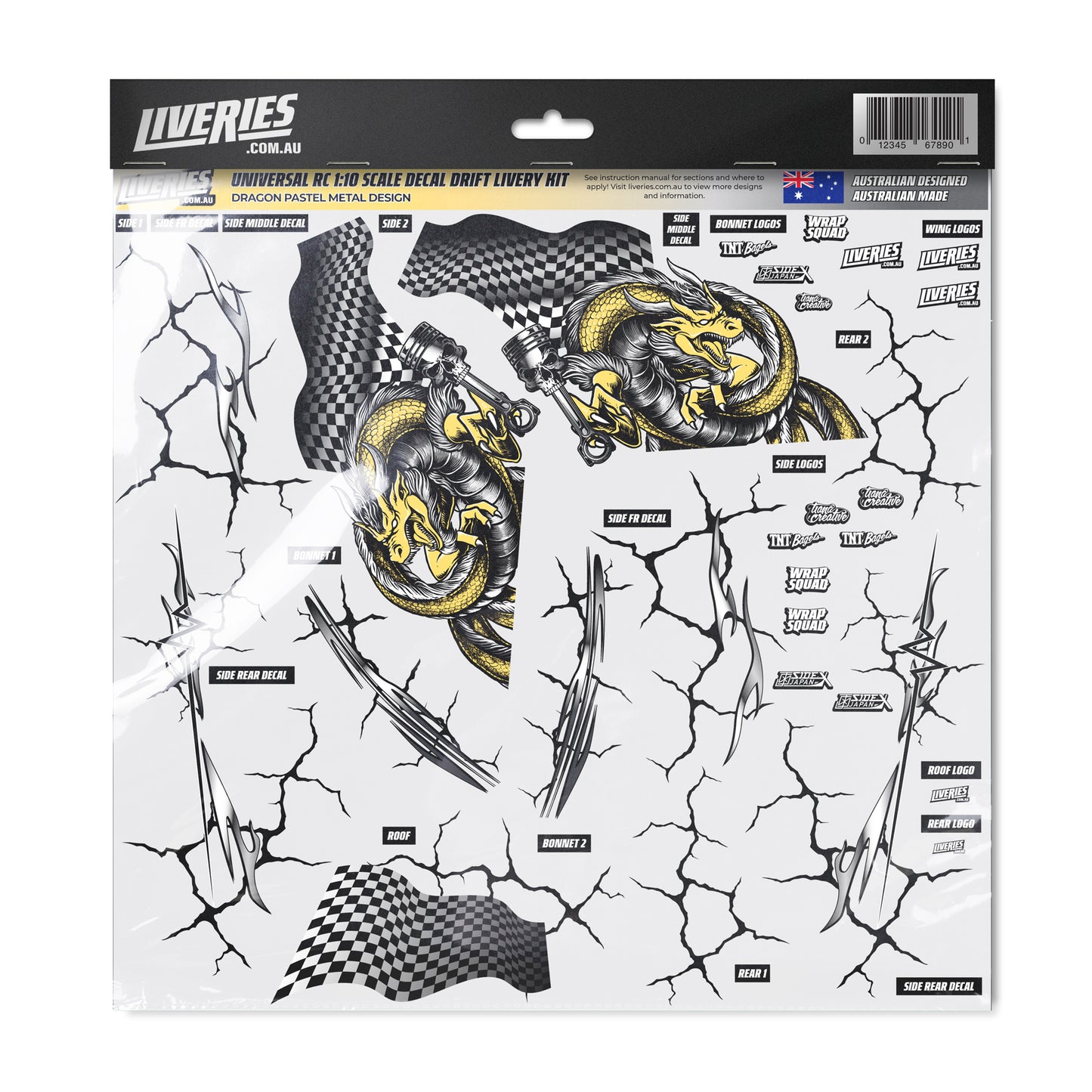 Dragon Pastel Metal RC Drift Decal Kit – 1:10 scale livery featuring gold dragon artwork, cracked effect graphics, checkered flag accents, and sponsor logos by RC Stickers.