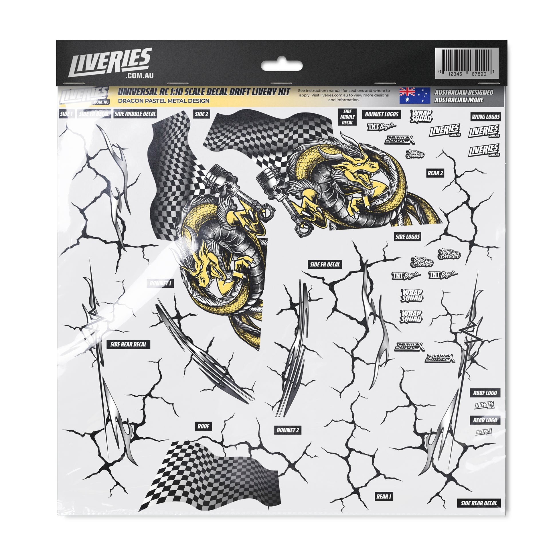 Dragon Pastel Metal RC Drift Decal Kit – 1:10 scale livery featuring gold dragon artwork, cracked effect graphics, checkered flag accents, and sponsor logos by RC Stickers.