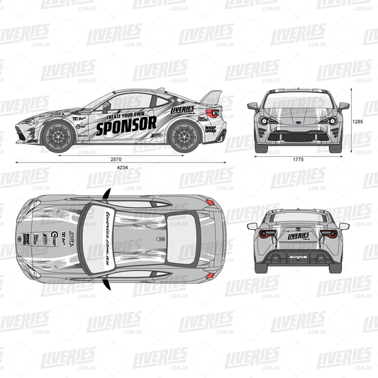 Hotboi Ice RC car livery mockup – full wrap design in silver and black with sponsor branding, shown in top, side, front, and rear views for 1:10 scale RC drift car by RC Stickers.
