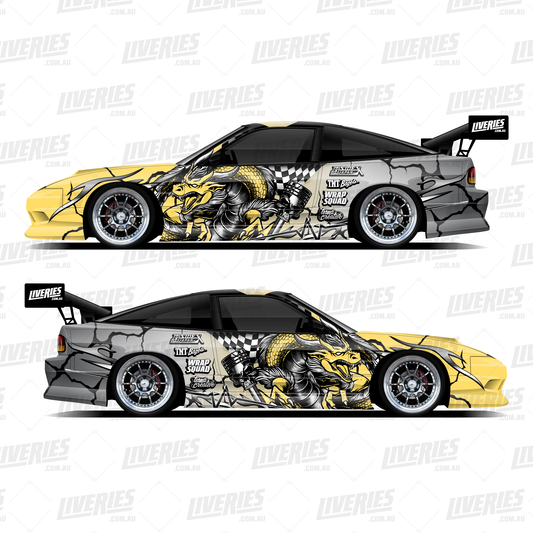 Dragon Pastel Metal livery mockup – side views of 1:10 scale RC drift car with gold dragon illustration, cracked texture, and full sponsor layout by RC Stickers.