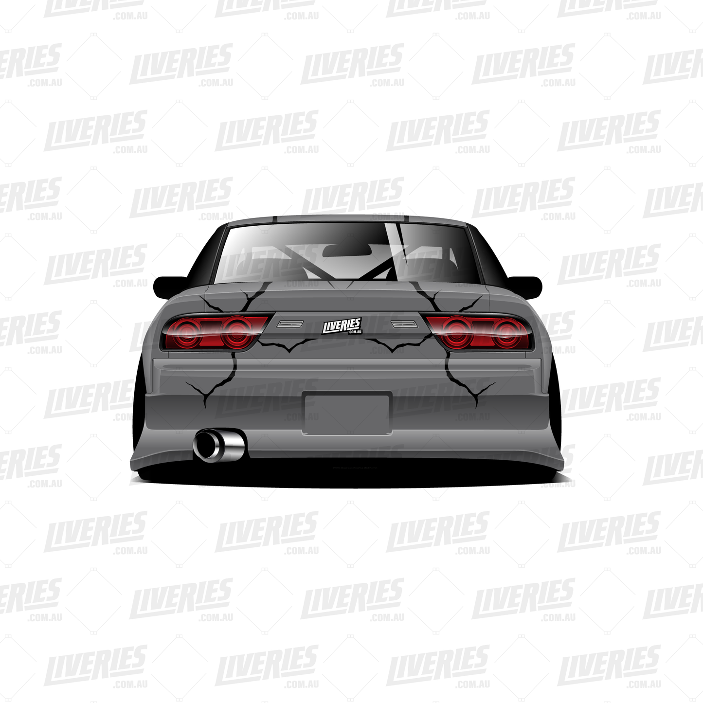 Dragon Pastel Metal rear livery design – black cracked vinyl graphics on a grey RC drift shell with centre RC Stickers sponsor branding.