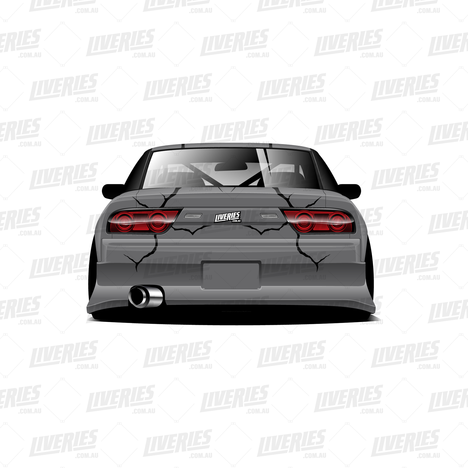 Dragon Pastel Metal rear livery design – black cracked vinyl graphics on a grey RC drift shell with centre RC Stickers sponsor branding.