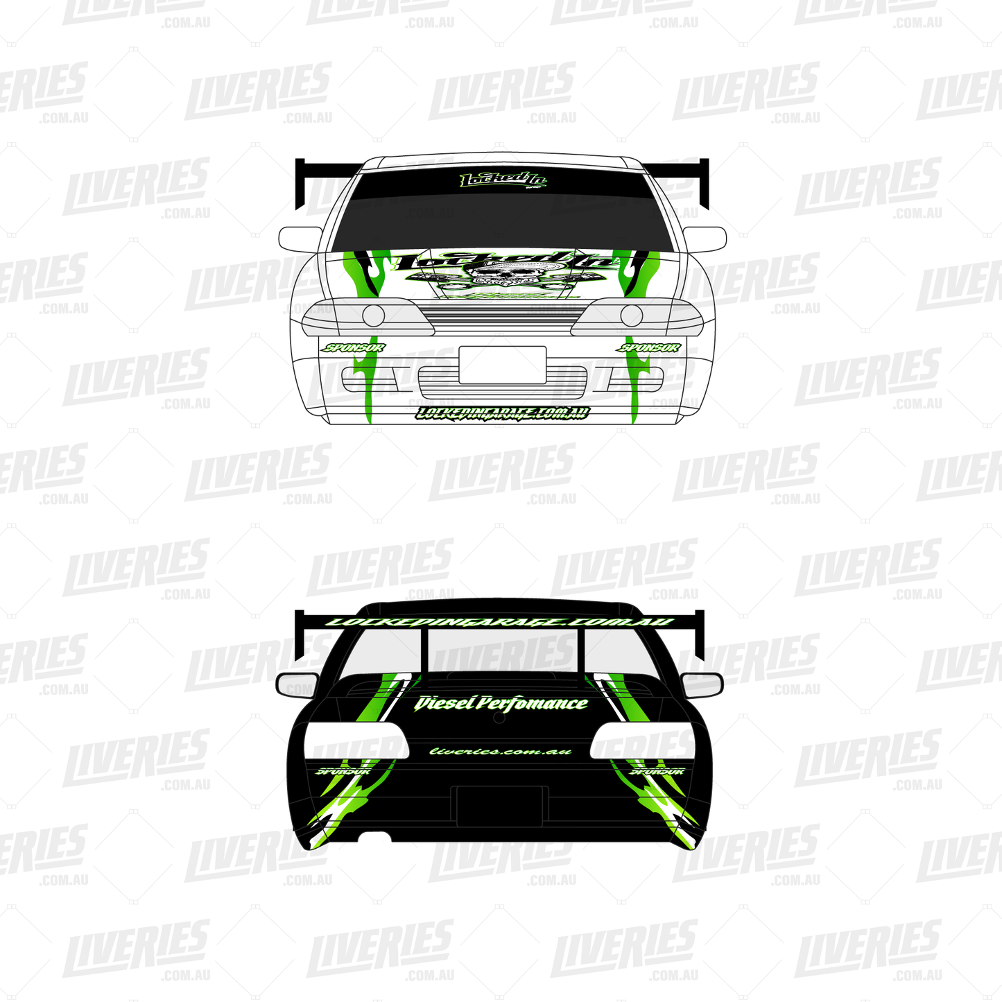 Locked In Garage rear livery mockup – green claw mark graphics on the rear of white and black 1:10 RC drift shells with Locked In Garage and Diesel Performance sponsor logos.