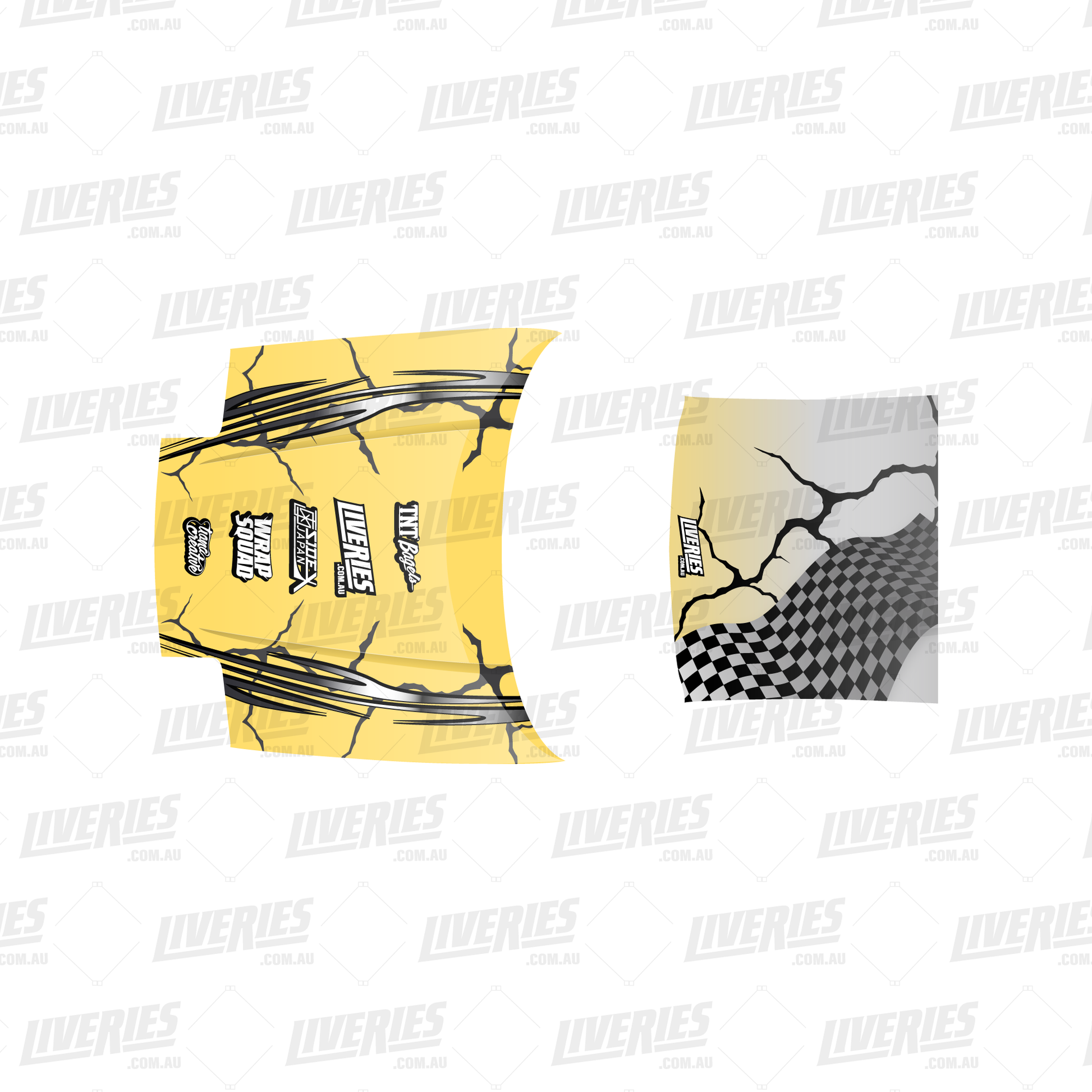 Dragon Pastel Metal bonnet and roof vinyl layout – yellow and white RC panels with black crack details, checkered print, and sponsor logos by RC Stickers.