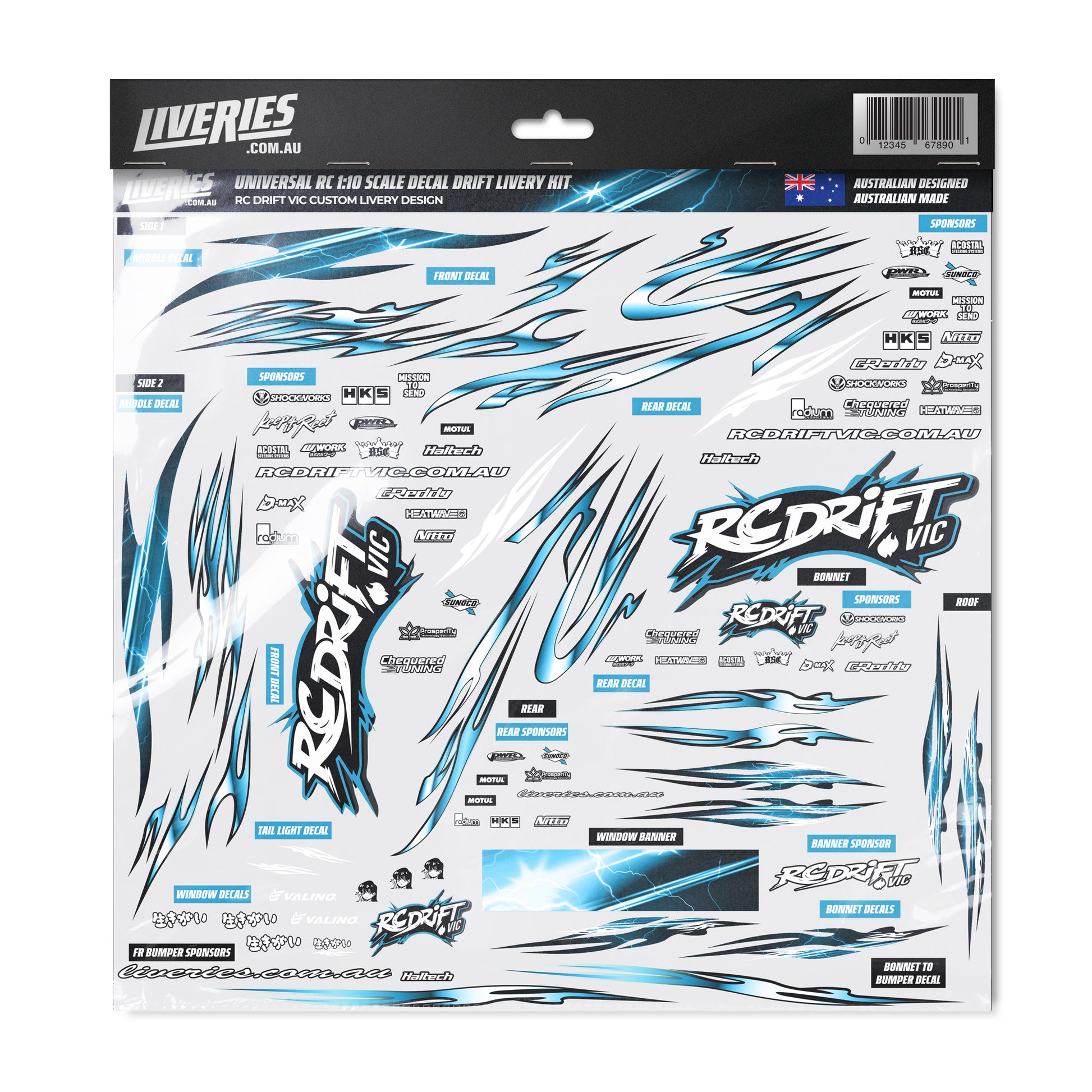 RC Drift VIC RC Livery Decal Kit – 1:10 scale sticker sheet featuring blue and white lightning graphics, team logos, sponsor decals, and custom branding by RC Stickers.