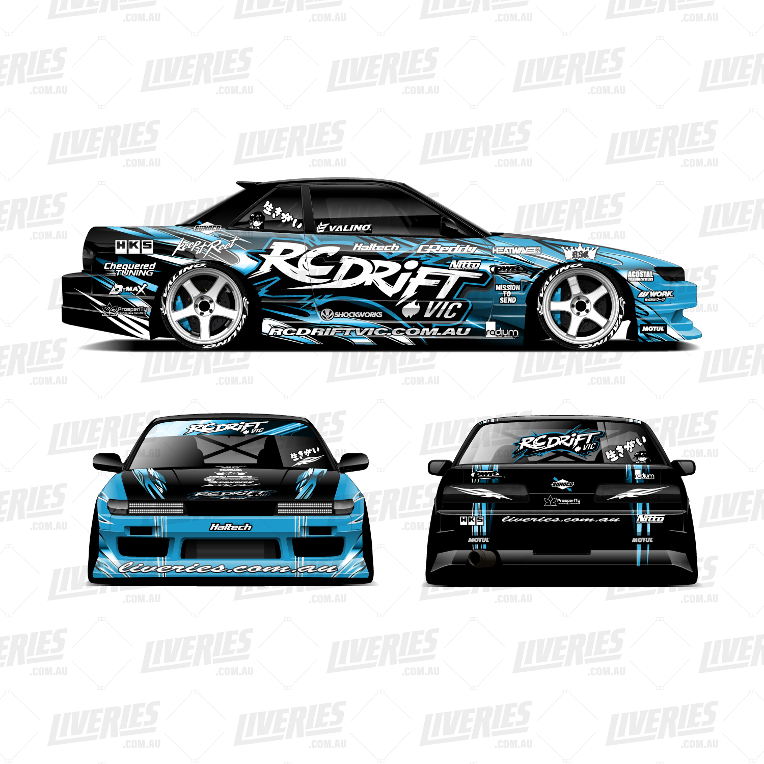 RC Drift VIC RC car wrap design – complete 1:10 scale render showing side, front, and rear angles with blue and black livery, sponsor decals, and event branding by RC Stickers.