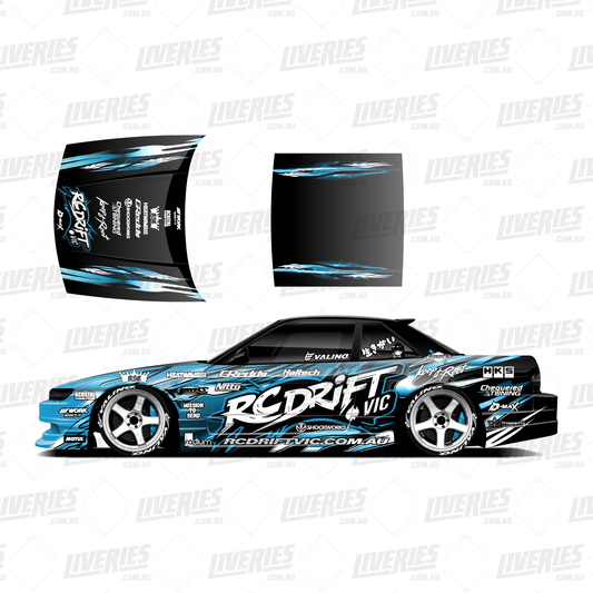 RC Drift VIC livery mockup – top and side views of blue and black 1:10 scale RC drift car with sponsor logos, lightning streaks, and bold RC Drift VIC branding.