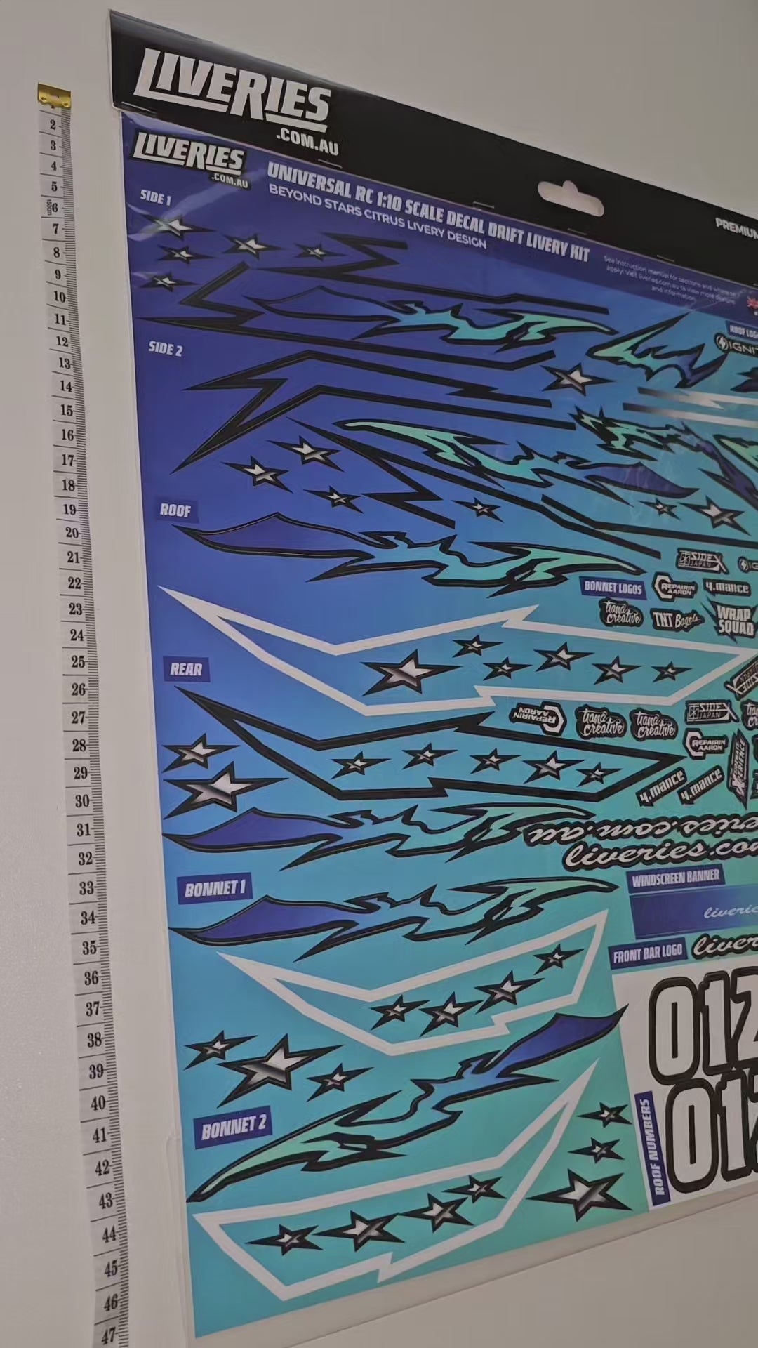 RC drift sticker kit video featuring 1:10 scale livery decals from rcstickers.com.au, printed on real vehicle grade vinyl for long lasting durability