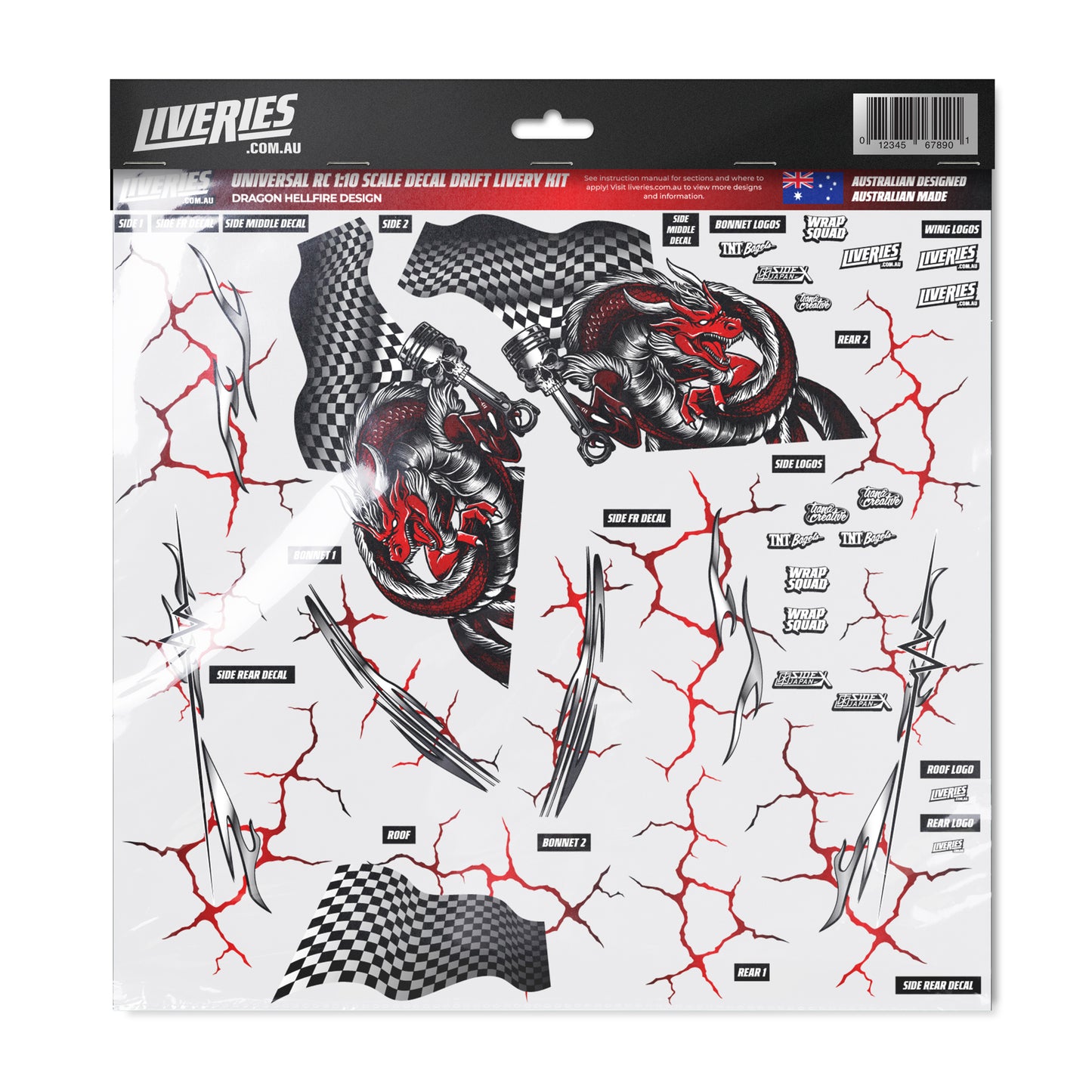 Crimson Hellfire RC Drift Decal Kit – 1:10 scale livery sticker sheet featuring red crack patterns, samurai artwork, racing graphics, and checkered flag overlays by RC Stickers.