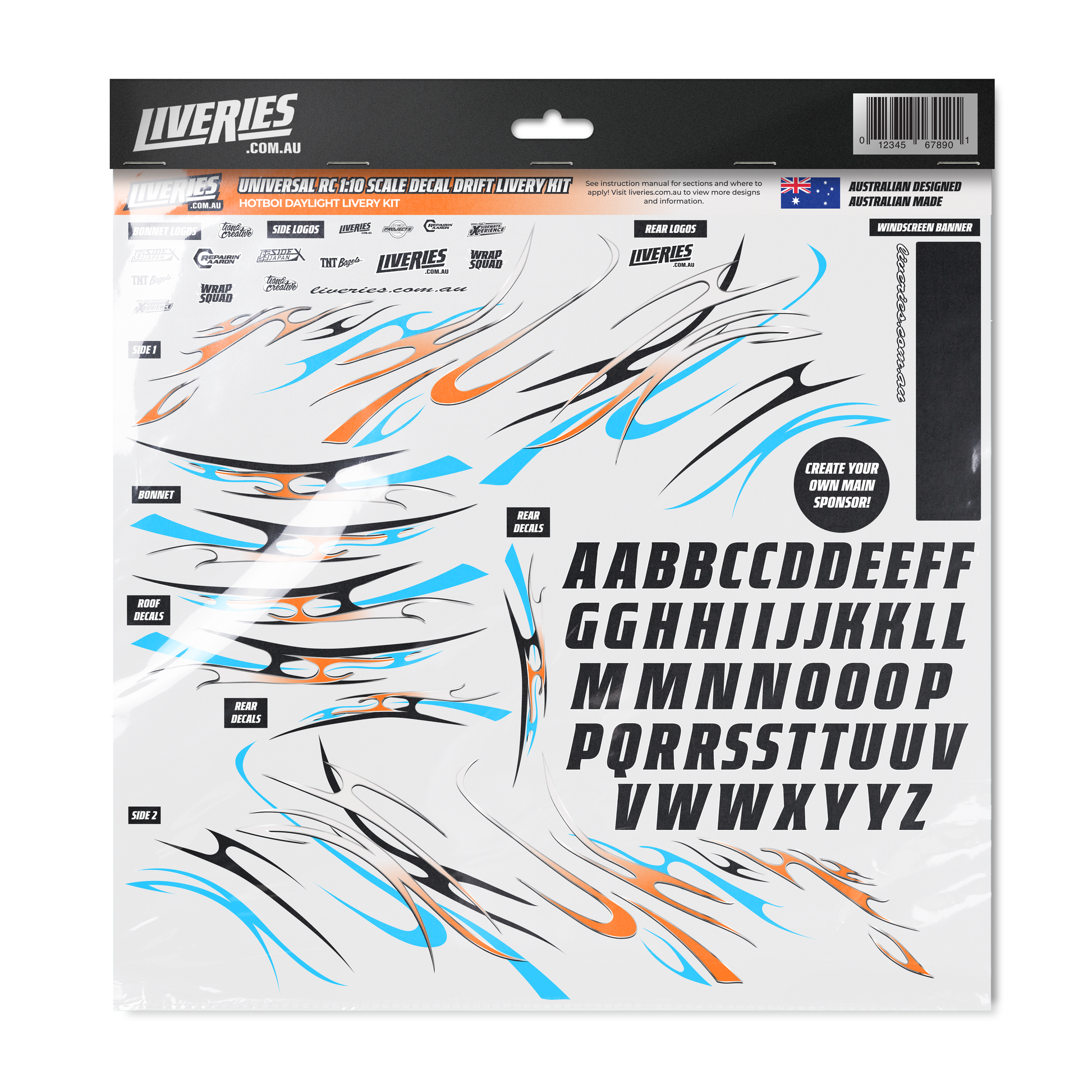 Hotboi Daylight RC Drift Decal Kit – 1:10 scale sticker sheet featuring orange, blue, and black flame graphics with sponsor logos, lettering, and windscreen banner by RC Stickers.