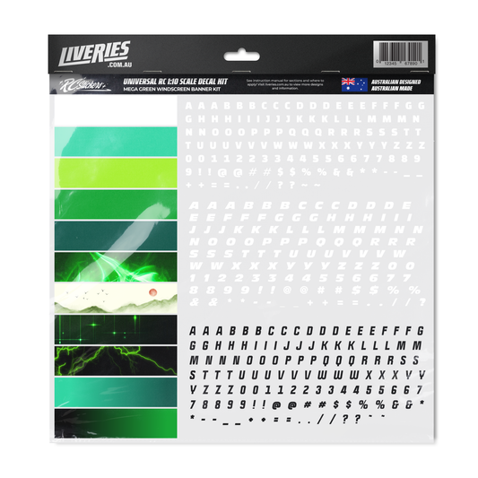 Mega Green RC Windscreen Banner Kit with 10 green-themed vinyl banners and alphabet stickers for 1:10 scale RC drift cars
