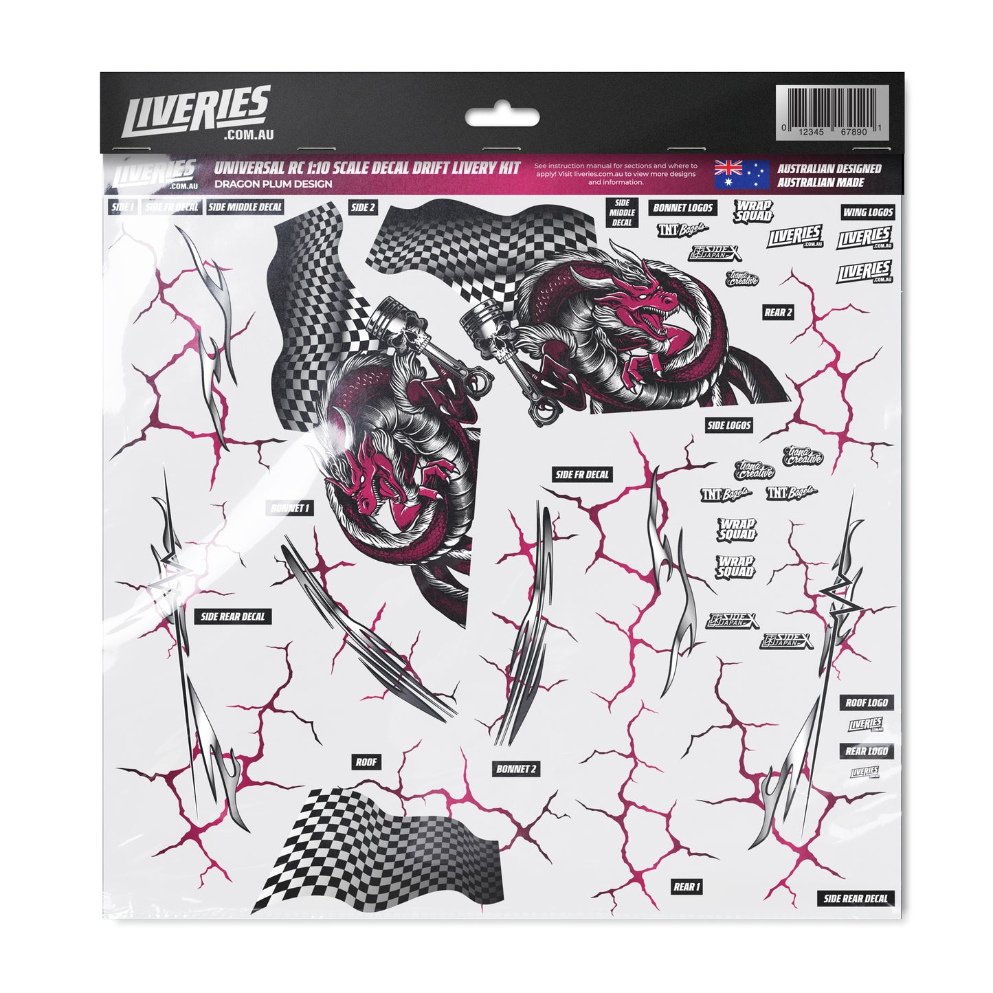 Dragon Plum RC Drift Decal Kit – 1:10 scale livery sheet featuring plum-coloured dragon artwork, pink crack effects, checkered overlays, and sponsor logos by RC Stickers.