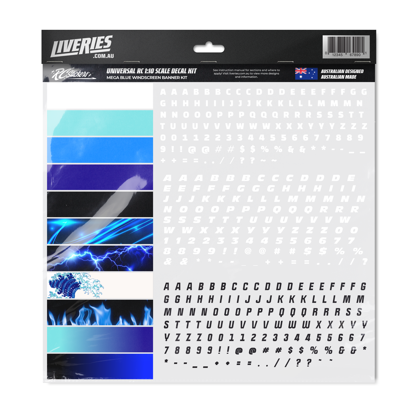 Mega Blue RC Windscreen Banner Kit – 1:10 scale decal sheet featuring 10 unique blue-themed windscreen banners, including lightning, wave, flame, and solid colour designs, with full alphabet and number letter sheets. Printed on real vehicle wrap vinyl by RC Stickers.