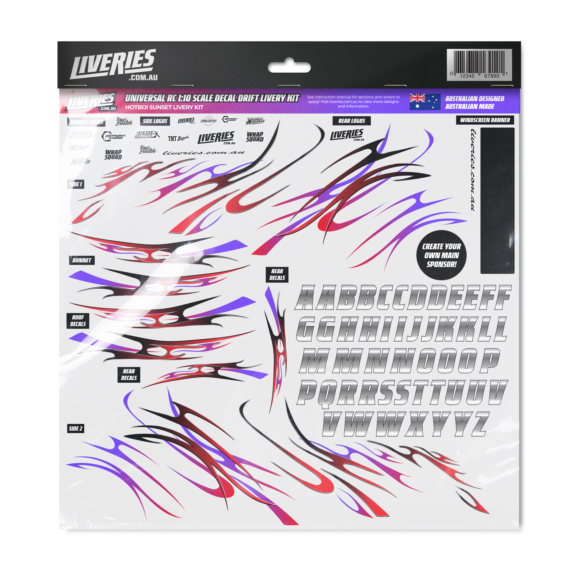 Hotboi Sunset RC Drift Decal Kit – 1:10 scale flame livery sticker set with red, purple and black graphics, sponsor logos, custom lettering, and windscreen banner by RC Stickers.
