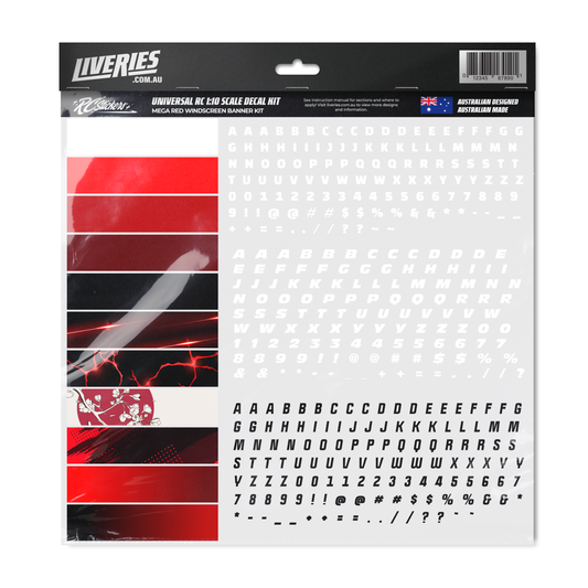 Mega Red RC Windscreen Banner Kit with 10 red-themed vinyl banners and full alphabet decal sheets for 1:10 drift cars

