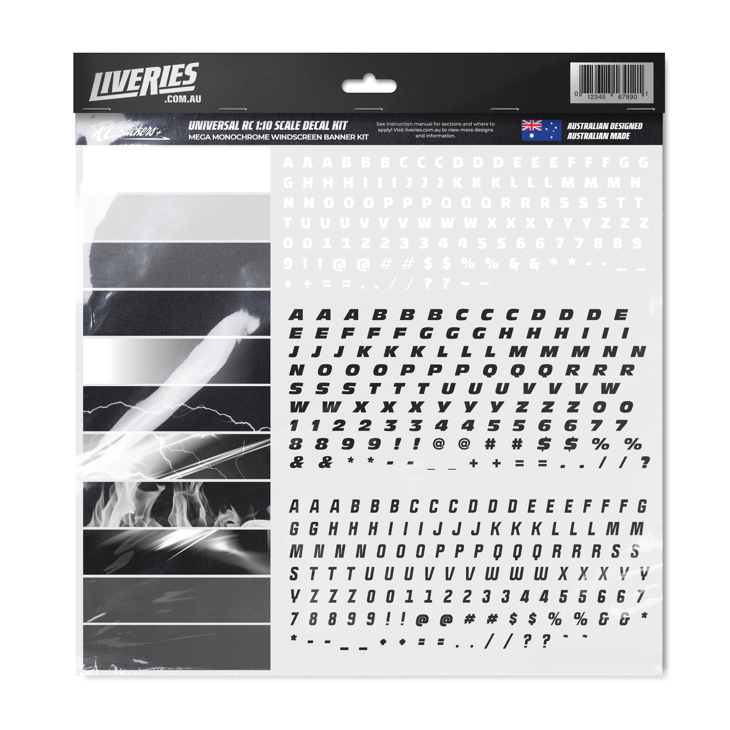 Mega Monochrome Windscreen Banner Kit for RC drift cars – features black and white vinyl strips, lightning and flame graphics, and multiple font decal sets including white, bold black, and outlined styles