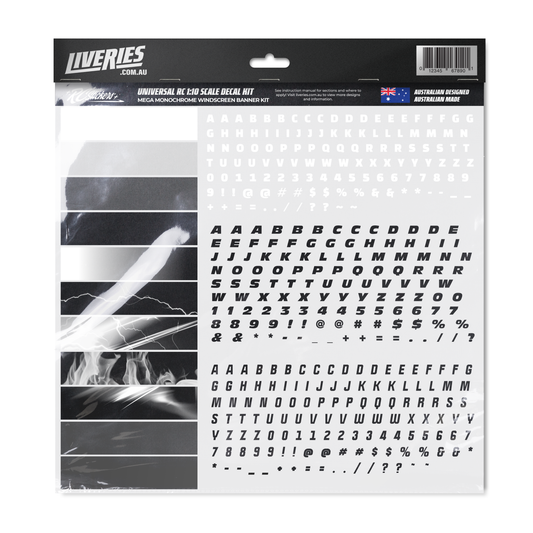Mega Monochrome Windscreen Banner Kit for RC drift cars – features black and white vinyl strips, lightning and flame graphics, and multiple font decal sets including white, bold black, and outlined styles