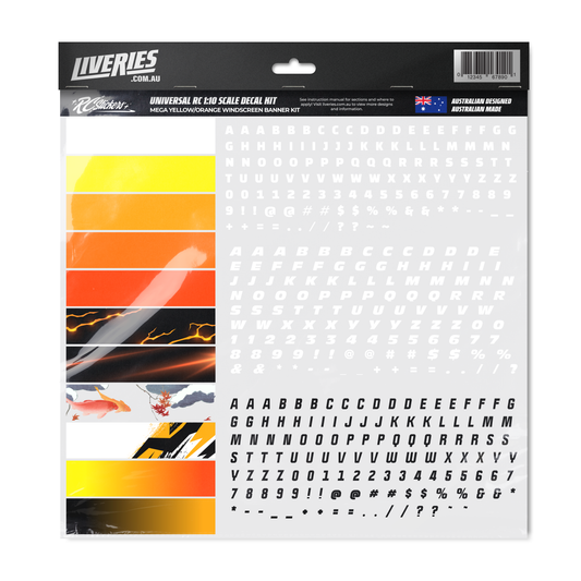 Mega Yellow RC Windscreen Banner Kit with 10 orange and yellow vinyl banners and custom text decals for 1:10 scale drift cars