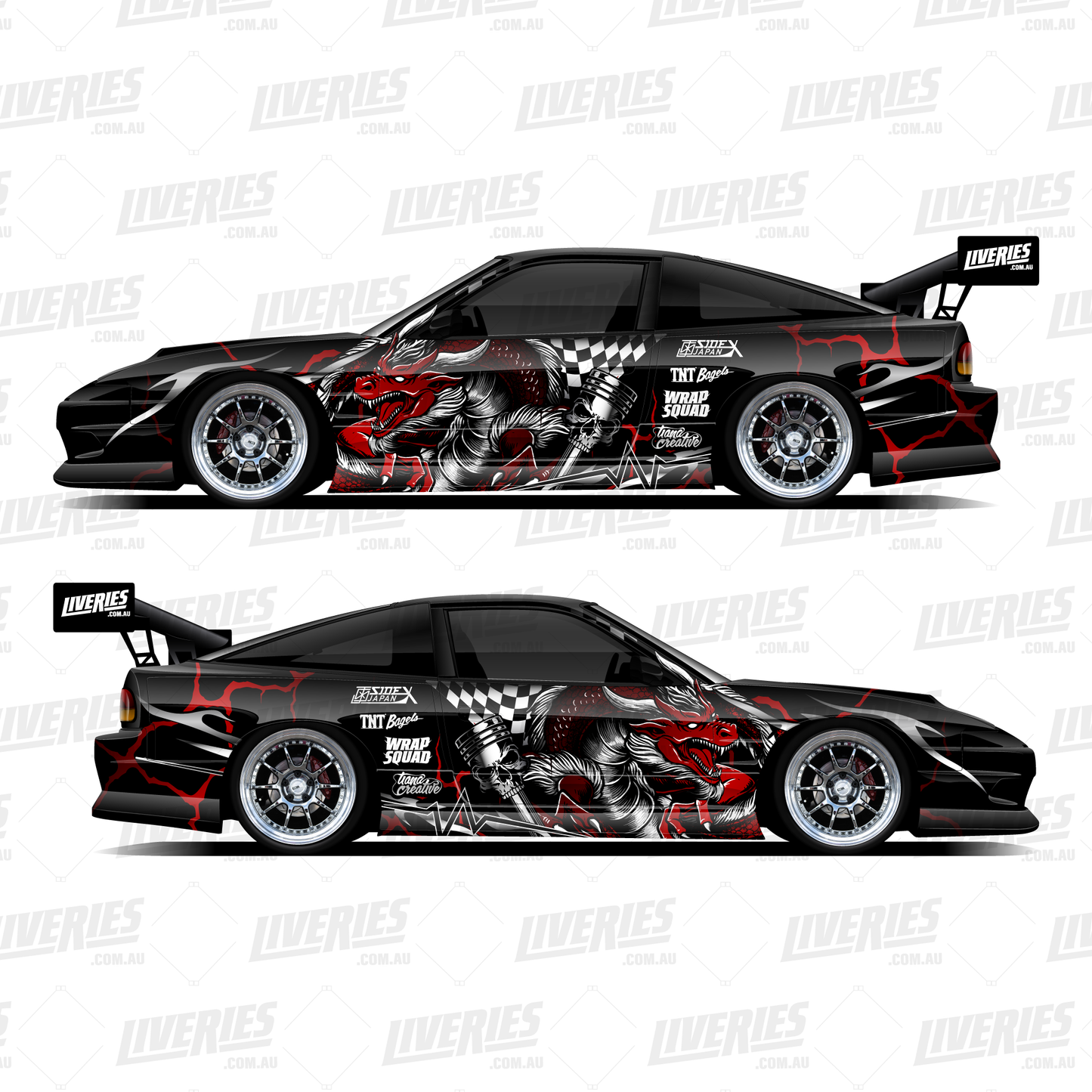 Crimson Hellfire RC car livery mockup – left and right side views of a black 1:10 scale drift shell with red flames, samurai illustration, and full sponsor layout by RC Stickers.
