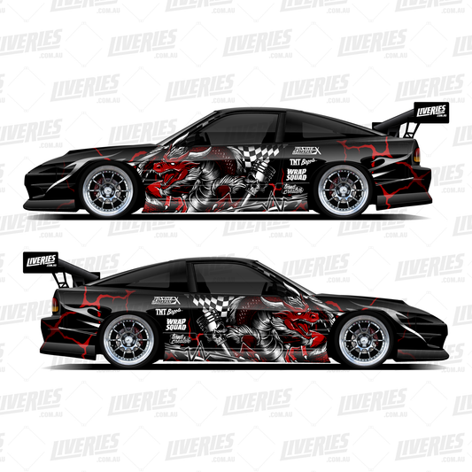 Crimson Hellfire RC car livery mockup – left and right side views of a black 1:10 scale drift shell with red flames, samurai illustration, and full sponsor layout by RC Stickers.