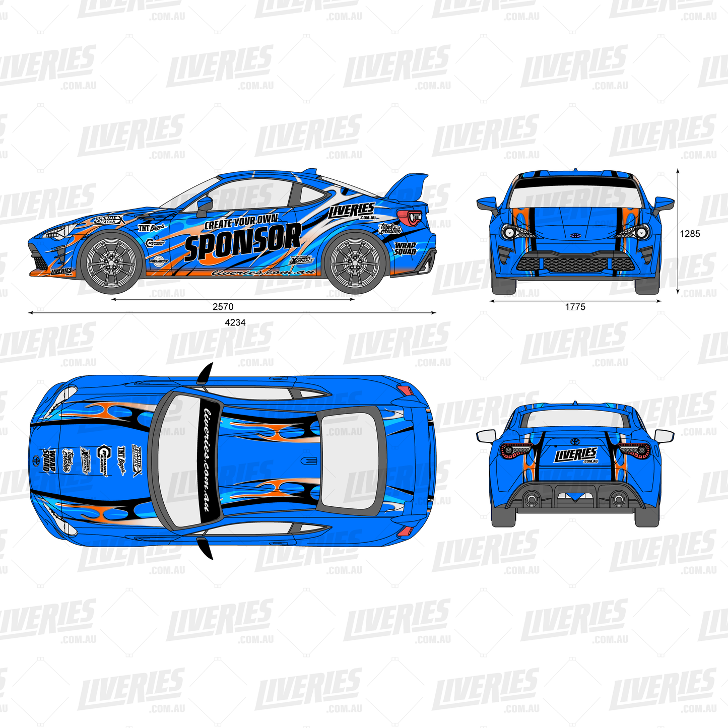 Hotboi Daylight RC livery design mockup – vibrant blue, orange, and black flame wrap with sponsor logos shown on all angles of a 1:10 scale RC drift car by RC Stickers.