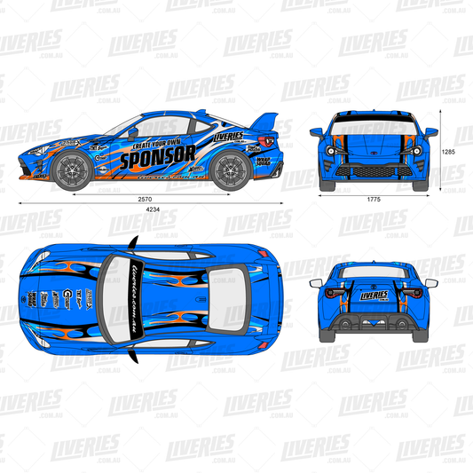 Hotboi Daylight RC livery design mockup – vibrant blue, orange, and black flame wrap with sponsor logos shown on all angles of a 1:10 scale RC drift car by RC Stickers.