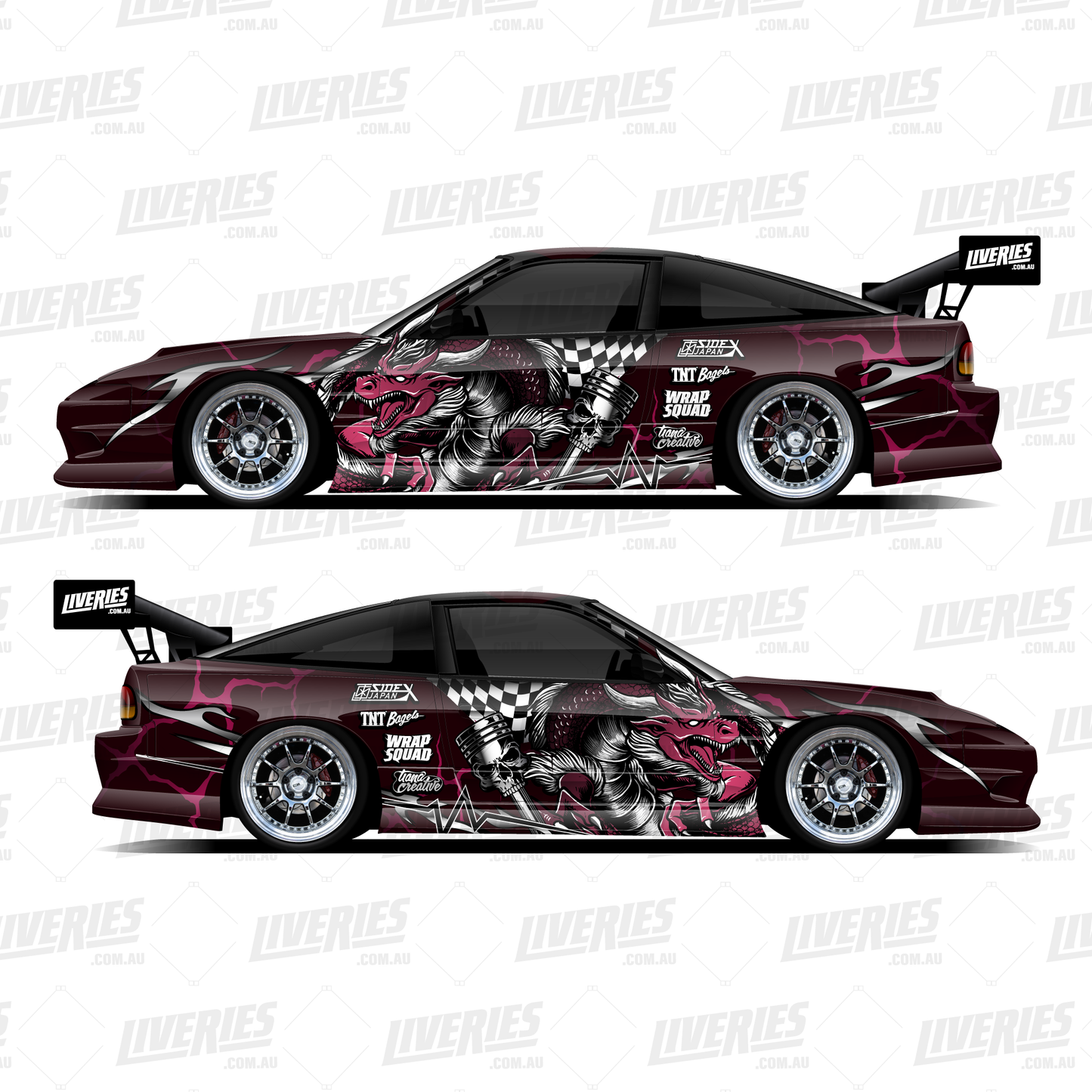 Dragon Plum livery mockup – side profile of a plum and black RC drift shell with pink dragon graphics, cracked vinyl texture, and full sponsor layout for 1:10 scale builds.