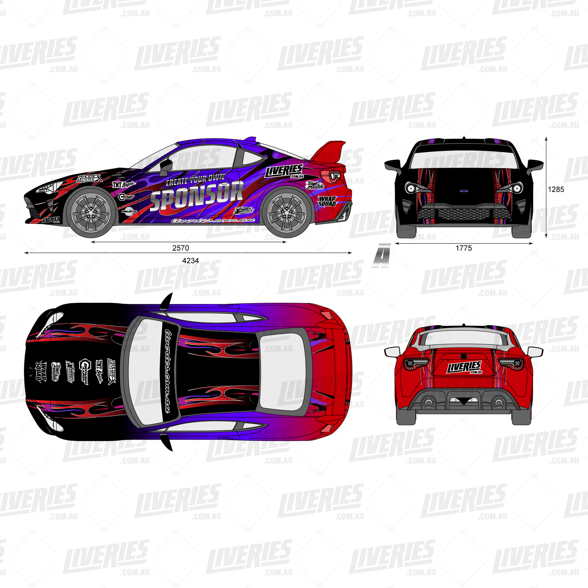 RC drift car livery design in red, purple, and black with full sponsor graphics – top, side, front, and rear views of 1:10 scale RC car wrap by RC Stickers.