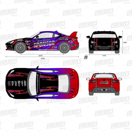 RC drift car livery design in red, purple, and black with full sponsor graphics – top, side, front, and rear views of 1:10 scale RC car wrap by RC Stickers.