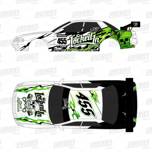 Locked In Garage RC car wrap design – top and side views of white and black 1:10 scale drift shell featuring neon skull artwork and racing number decals.