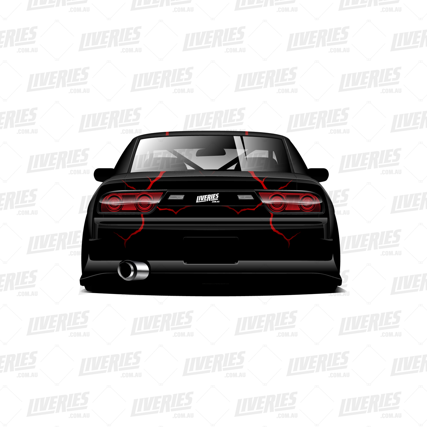 Crimson Hellfire rear view RC livery design – black drift shell with red crack decals and RC Stickers sponsor logo on a 1:10 scale RC car.