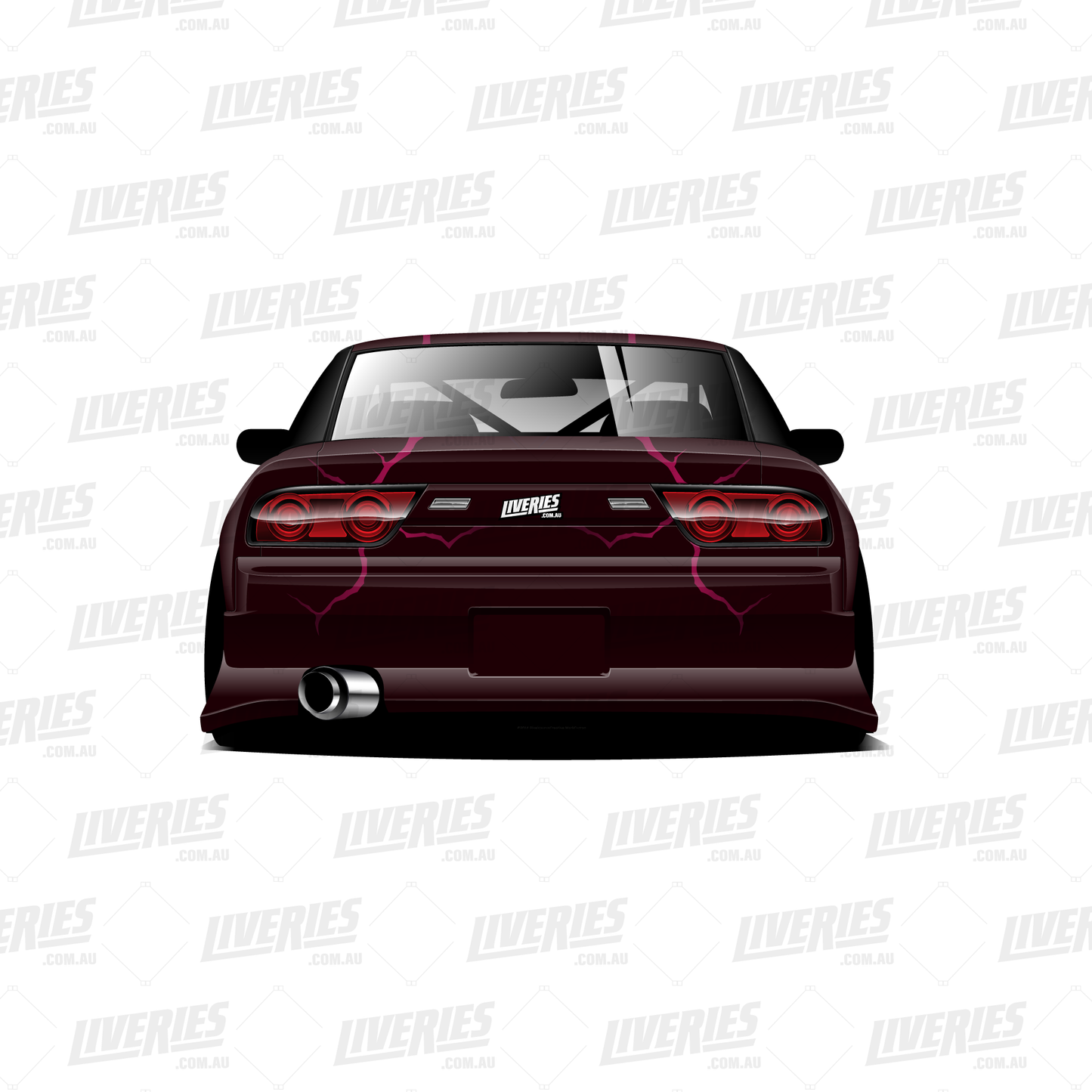 Dragon Plum rear livery design – plum-coloured RC drift car with pink crack graphics and RC Stickers branding, designed for 1:10 scale shells.