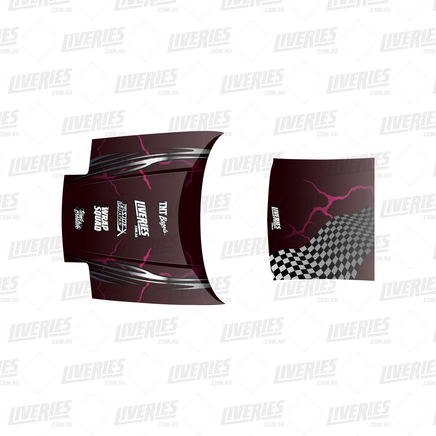 Dragon Plum RC bonnet and roof decal layout – dark plum panels with pink lightning cracks, sponsor decals, and checkered flag design for 1:10 scale RC drift cars.