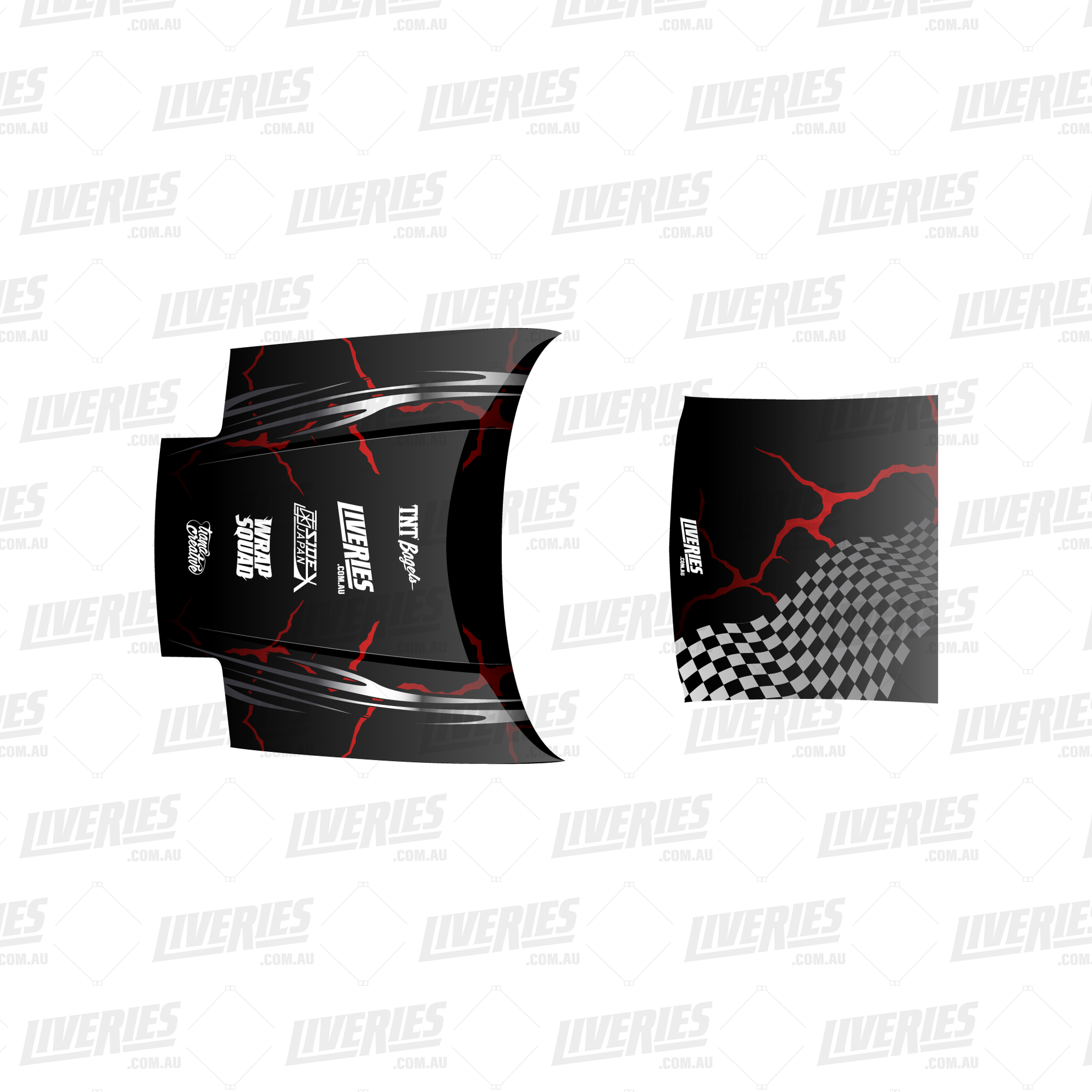 Crimson Hellfire RC drift car roof and bonnet decals – black vinyl with red crack detail, white sponsor logos, and checkered flag graphic by RC Stickers.